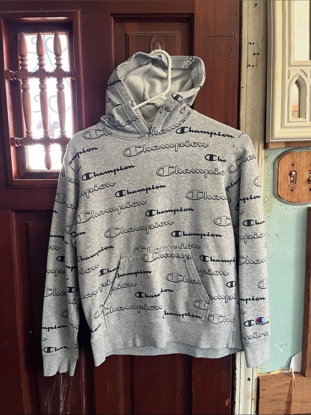 Champion Grey All-Over Logo Zip Hoodie